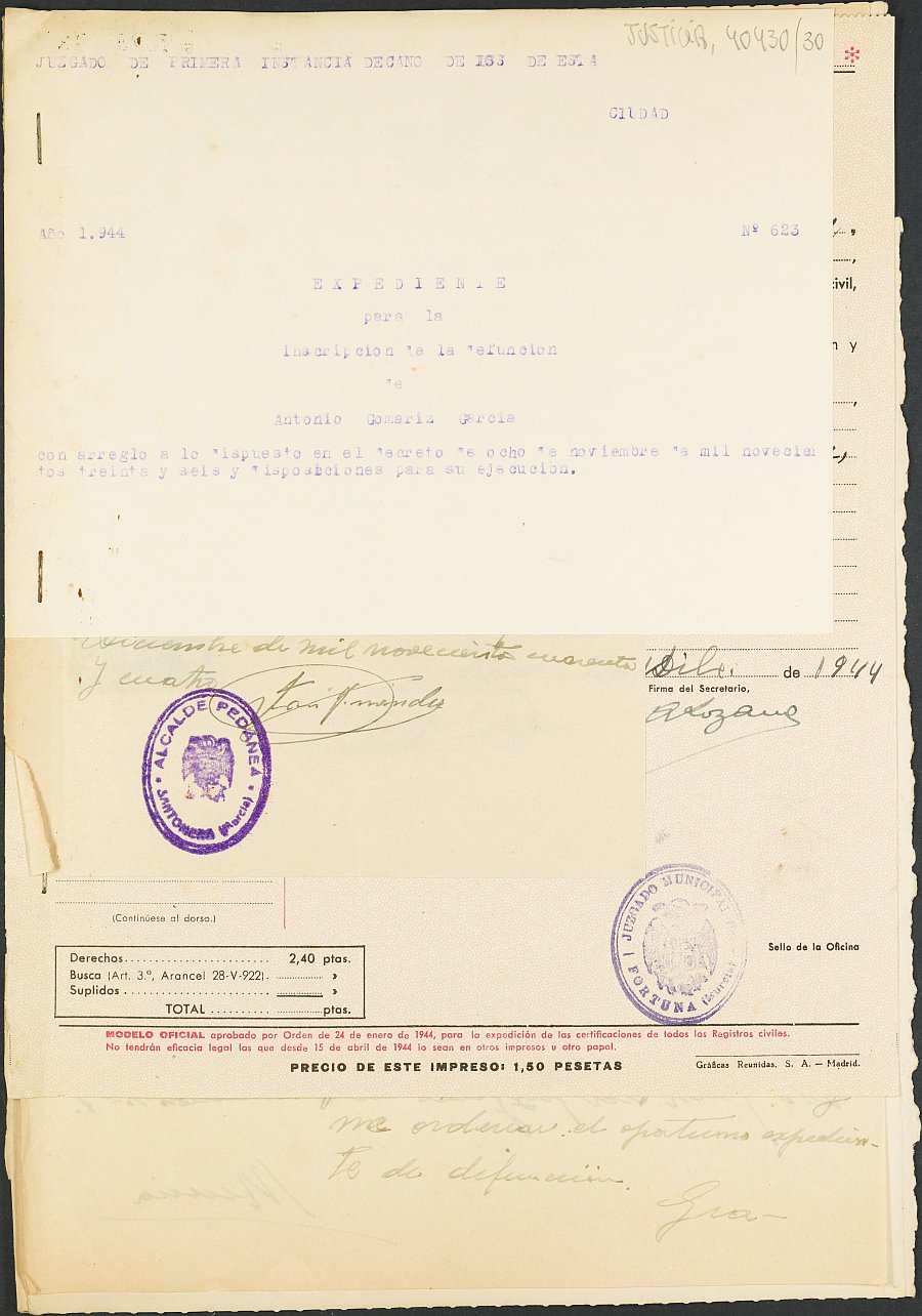 Expediente 623/1944 del Juzgado de Primera Instancia Nº 1 de Murcia para la inscripción en el Registro Civil de Antonio Gomariz García, fallecido en el frente de Extremadura el día 5 de enero de 1939.