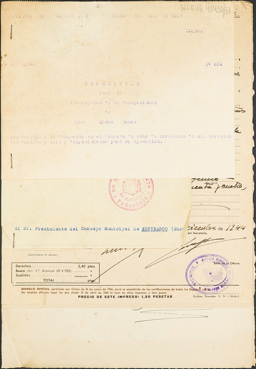 Expediente 624/1944 del Juzgado de Primera Instancia Nº 1 de Murcia para la inscripción en el Registro Civil de Blas Lucas Gómez, sargento destinado en la 98ª Brigada Mixta y desaparecido en el frente de Guadalajara en octubre de 1938.
