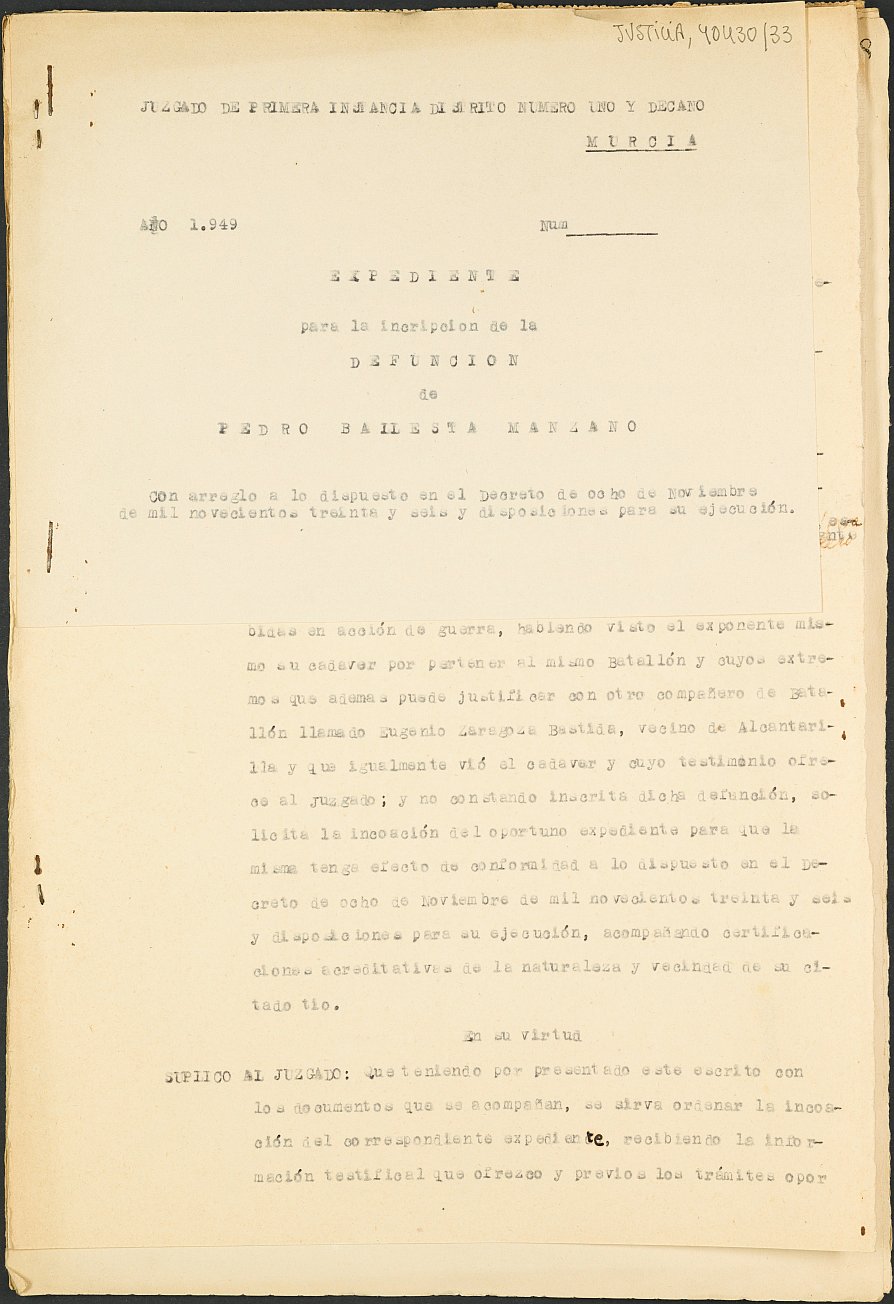 Expediente s.n./1949 del Juzgado de Primera Instancia Nº 1 de Murcia para la inscripción en el Registro Civil de Pedro Ballesta Manzano, fallecido en el frente de Teruel, Sierra Palomera, el día 20 de febrero de 1938.