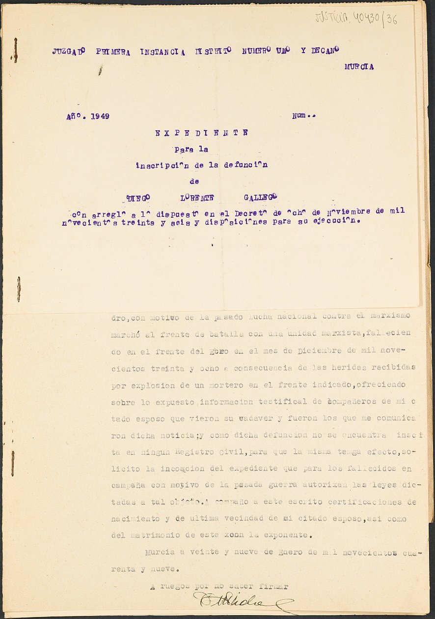 Expediente s.n./1949 del Juzgado de Primera Instancia Nº 1 de Murcia para la inscripción en el Registro Civil de Diego Lorente Gallego, fallecido en el frente del Ebro en diciembre de 1938.