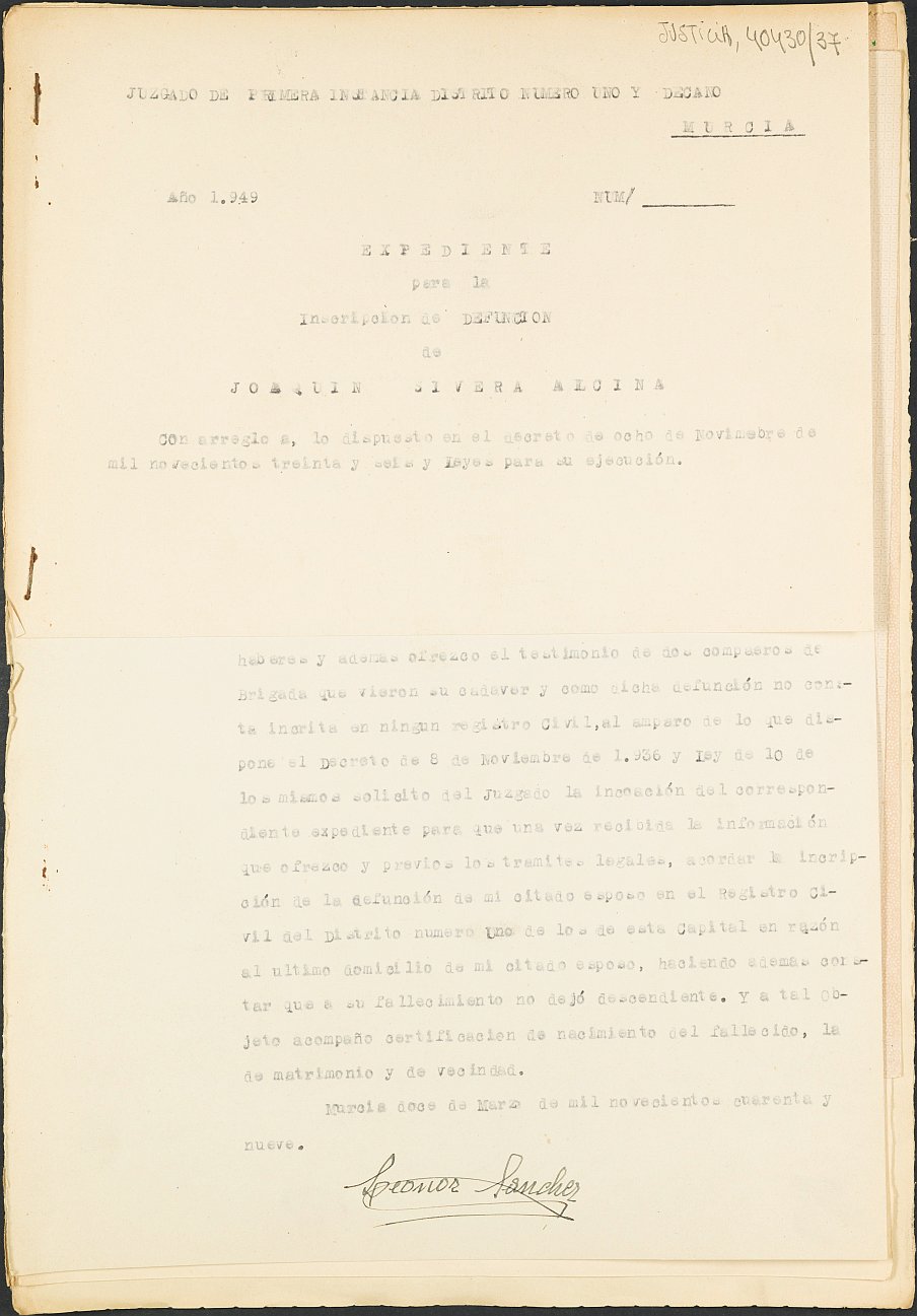 Expediente s.n./1949 del Juzgado de Primera Instancia Nº 1 de Murcia para la inscripción en el Registro Civil de Joaquín Sivera Alcina, fallecido en el frente de Teruel, sector de Alcañiz, el día 15 de noviembre de 1937.