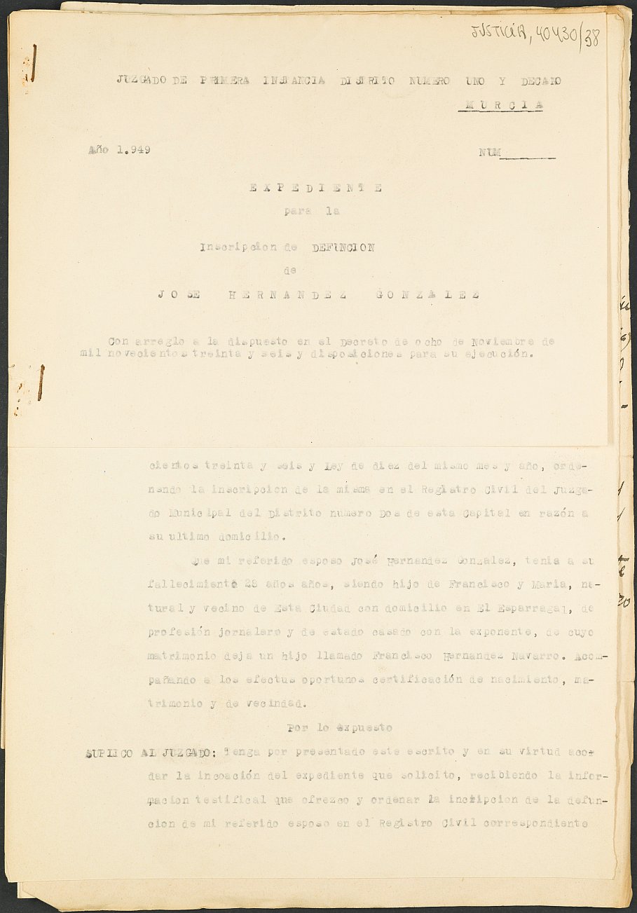 Expediente s.n./1949 del Juzgado de Primera Instancia Nº 1 de Murcia para la inscripción en el Registro Civil de José Hernández González, fallecido en el frente de Teruel el día 1 de enero de 1938.