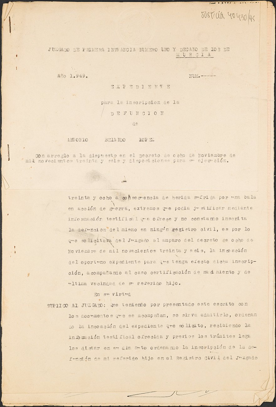 Expediente s.n./1949 del Juzgado de Primera Instancia Nº 1 de Murcia para la inscripción en el Registro Civil de Antonio Belando López, fallecido en el frente de Madrid, sector de Brunete, el día 11 de marzo de 1938.