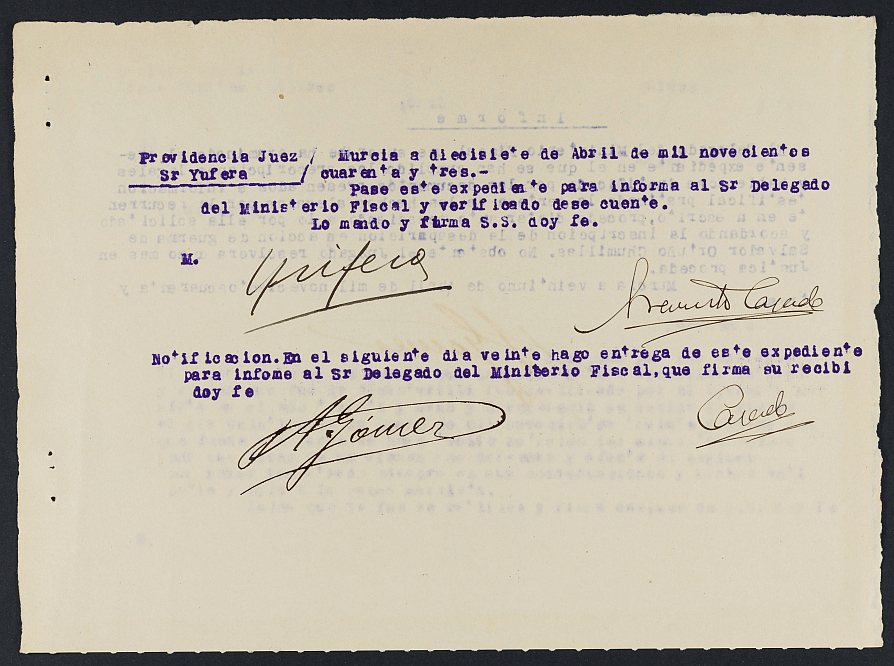 Expediente nº 350/1943 del Juzgado de Primera Instancia de Murcia para la inscripción en el Registro Civil por la defunción en el frente de Salvador Ortuño Chumillas.