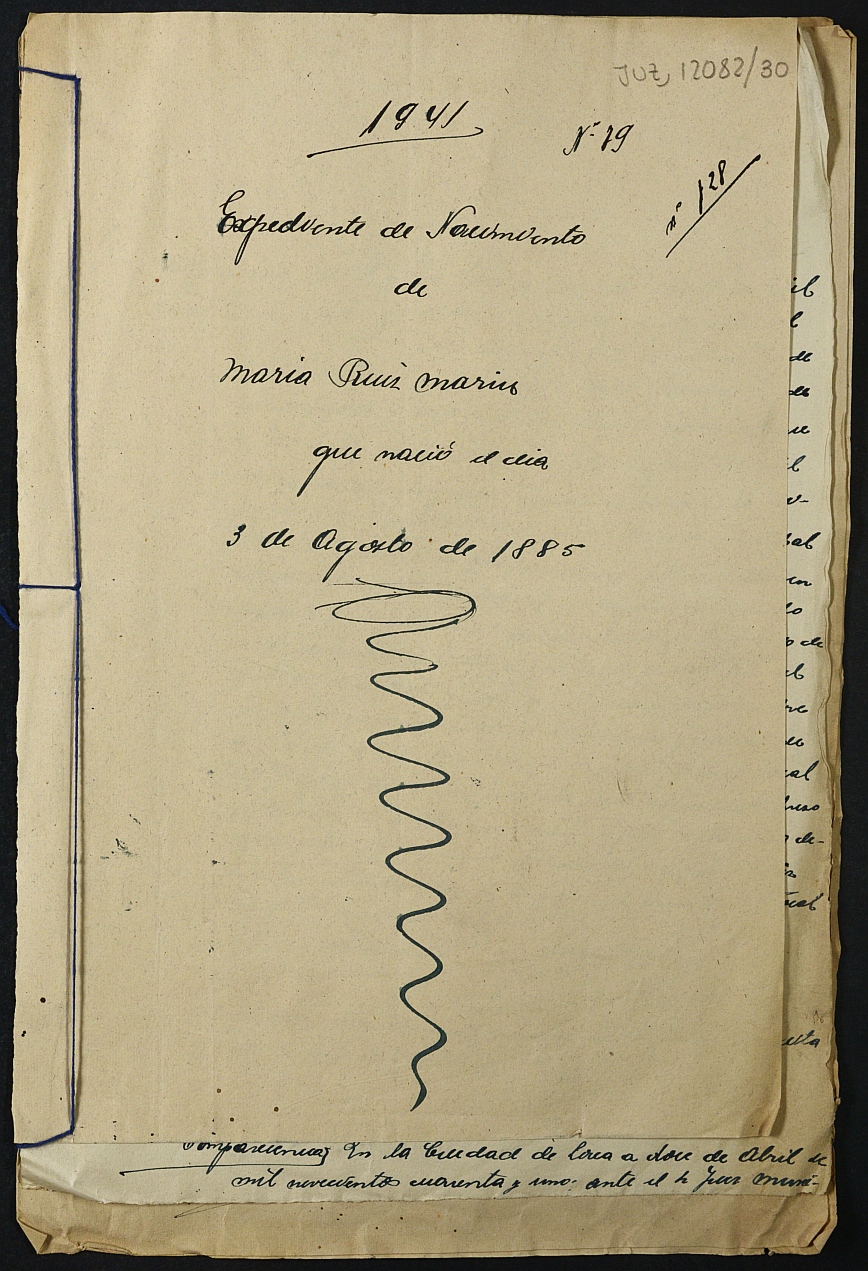 Expediente nº 79/1941 para la inscripción de nacimiento fuera de plazo en el registro civil de Lorca de María Ruiz Marín.