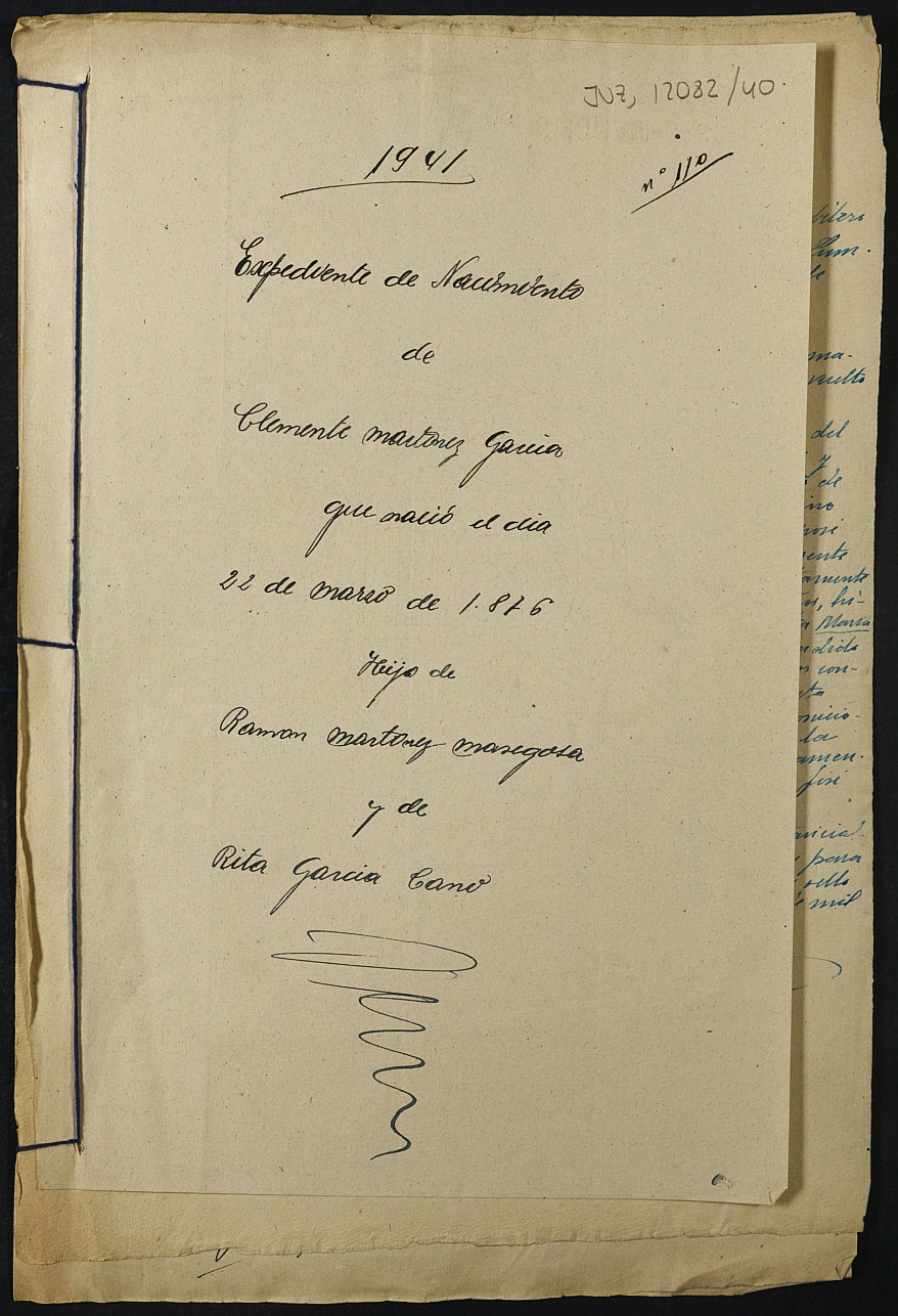 Expediente nº 110/1941 para la inscripción de nacimiento fuera de plazo en el registro civil de Lorca de Clemente Martínez García.