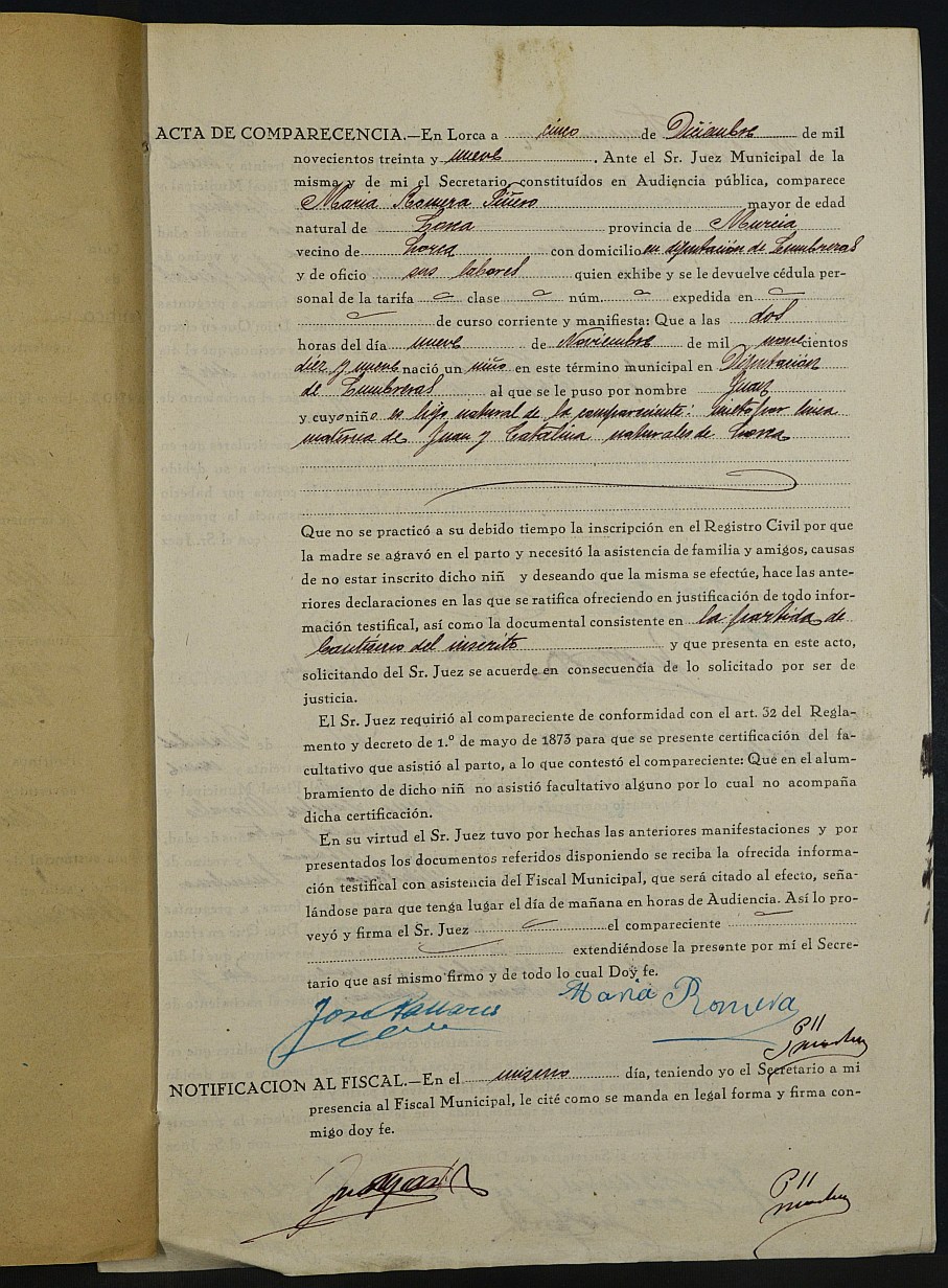Expediente de inscripción de nacimiento fuera de plazo de Juan Herrera Piñero. 1939