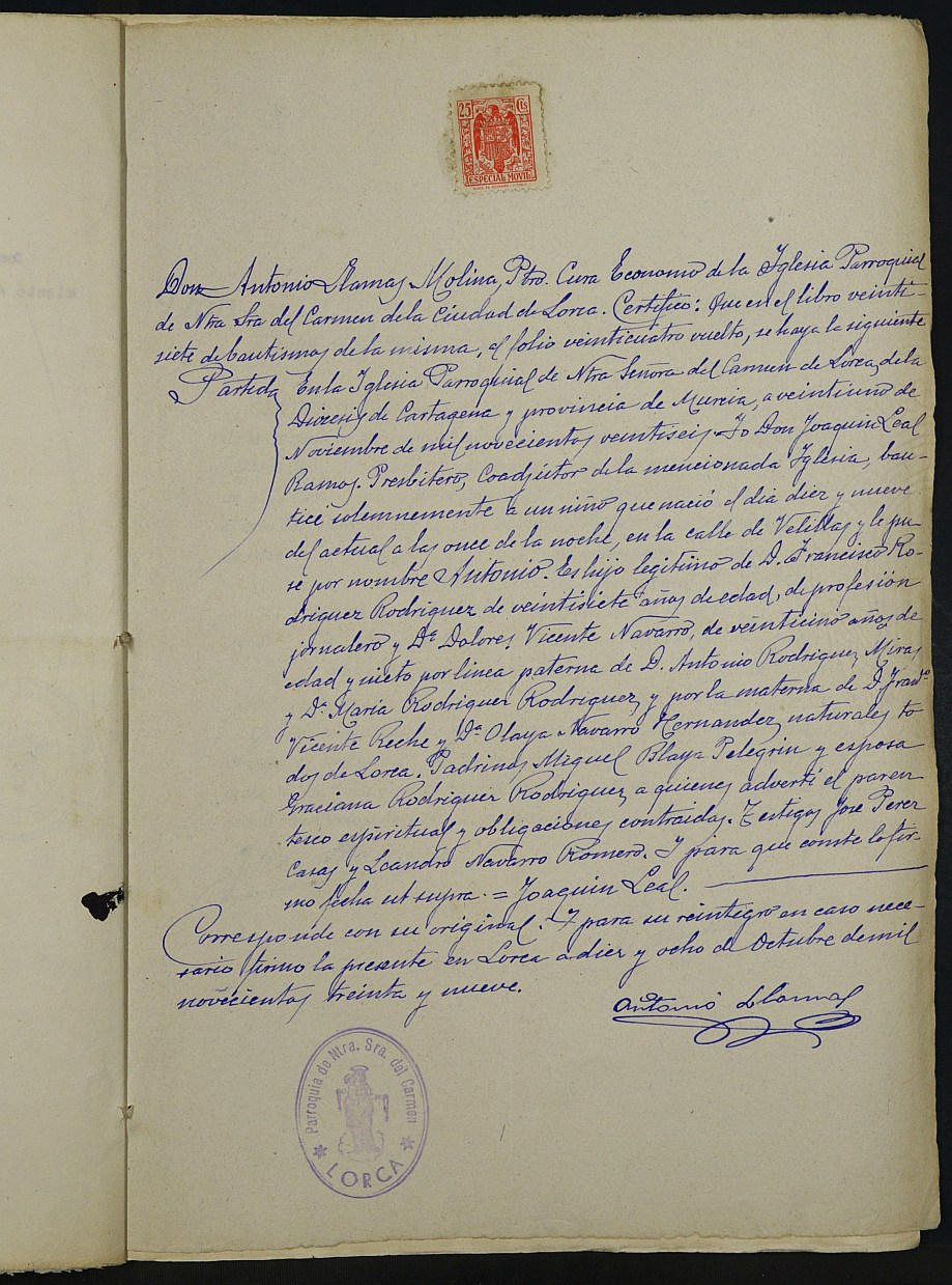 Expediente de inscripción de nacimiento fuera de plazo de Antonio Rodríguez Vicente. 1939