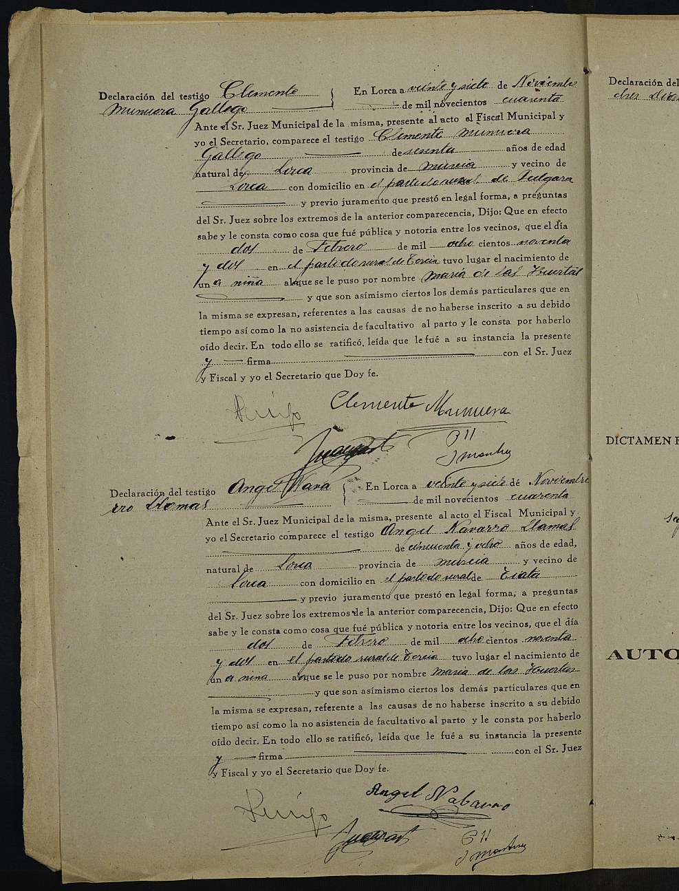 Expediente de inscripción de nacimiento fuera de plazo de María de las Huertas Segura Manzanares. 1940