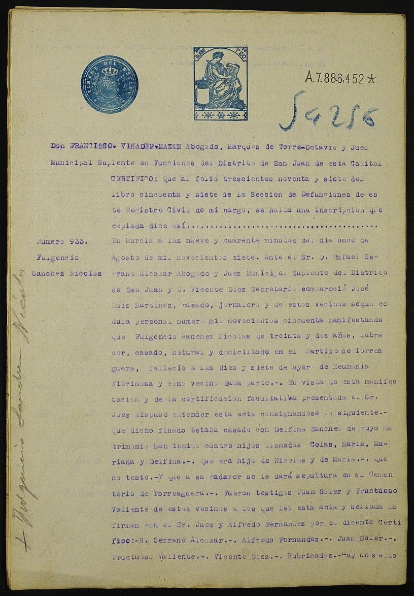 Proceso 3/1930 de declaración de herederos de María Nicolás, a demanda de Francisco Sánchez Nicolás al Juzgado del Distrito de San Juan de Murcia.
