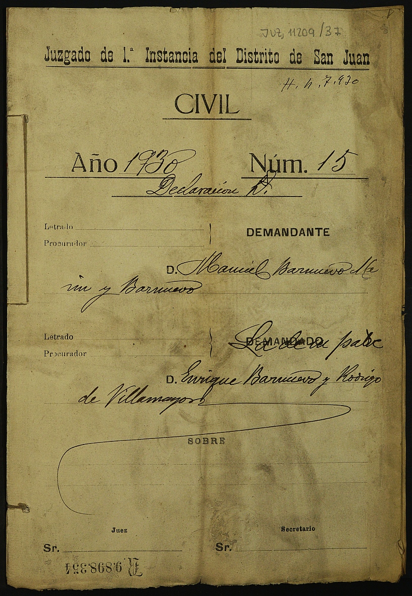 Proceso 15/1930 de declaración de herederos de Enrique Barnuevo Rodrigo de Villamayor, a demanda de Manuel Barnuevo Marín-Barnuevo al Juzgado del Distrito de San Juan de Murcia.