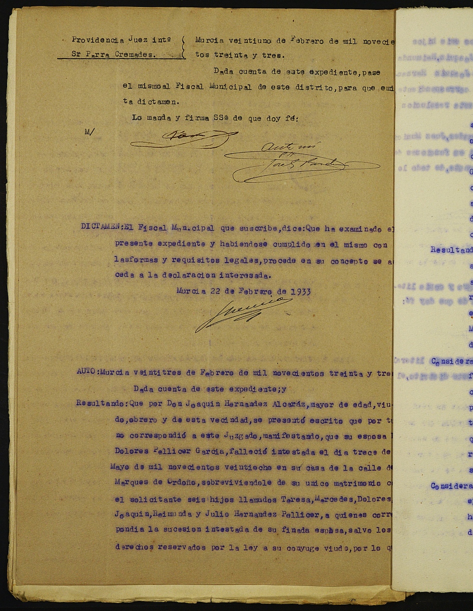 Declaración de herederos 7/1933 del Juzgado del Distrito de San Juan de Murcia a demanda de Joaquín Hernández Alcaraz, sobre la de Dolores Pellicer García, su mujer.