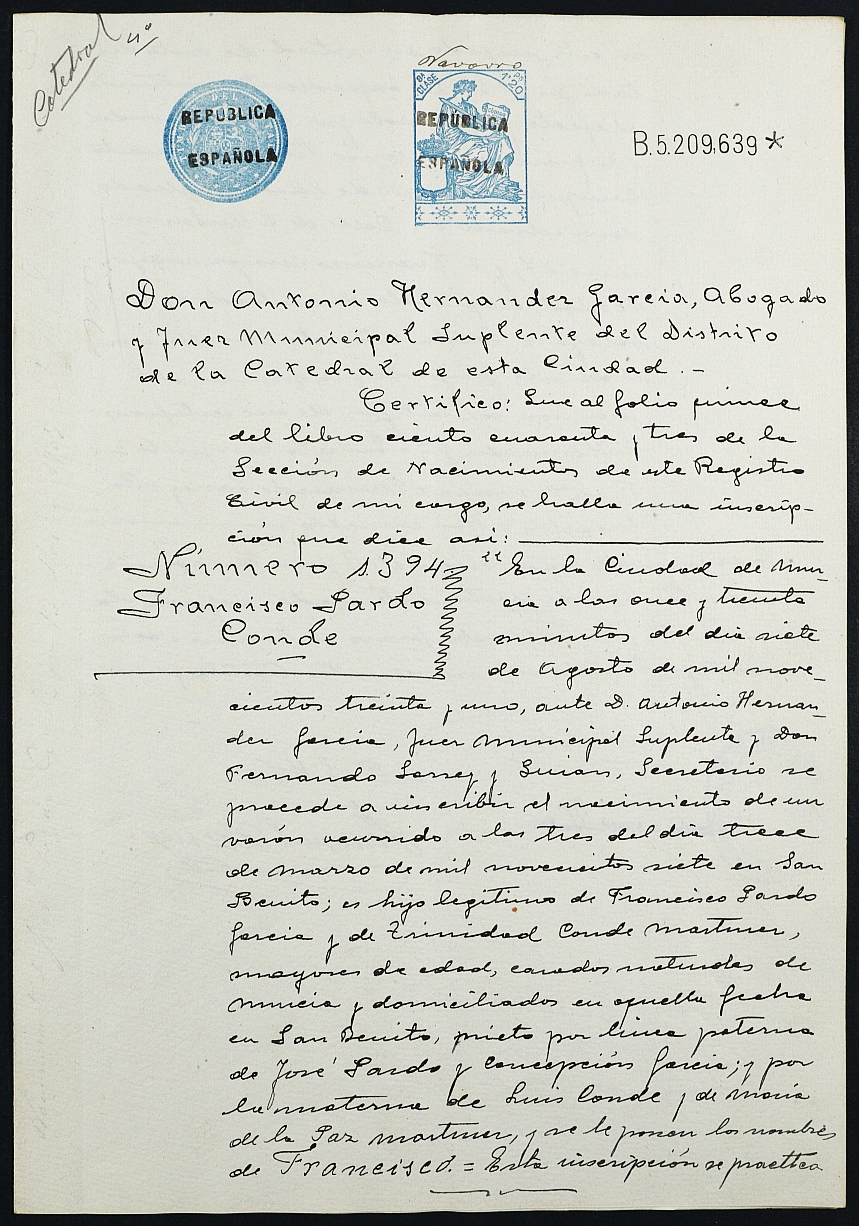 Declaración de herederos 11/1931 del Juzgado del Distrito de San Juan de Murcia a demanda de Trinidad Conde Martínez sobre la de su esposo Francisco Pardo García.