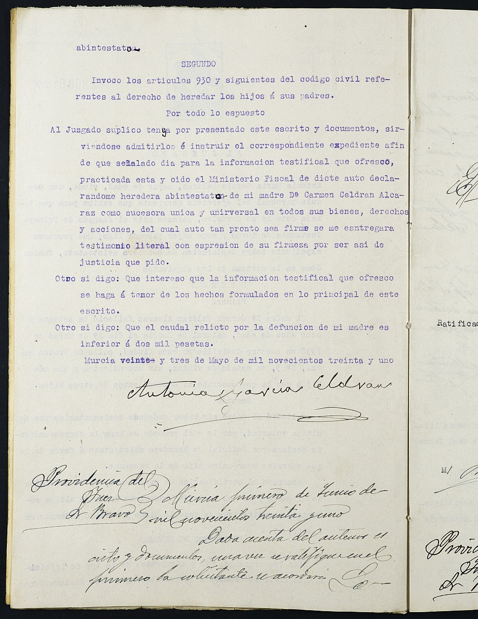 Declaración de herederos 9/1931 del Juzgado del Distrito de San Juan de Murcia a demanda de Antonia María García Celdrán sobre la de su madre Carmen Celdrán Alcaraz.
