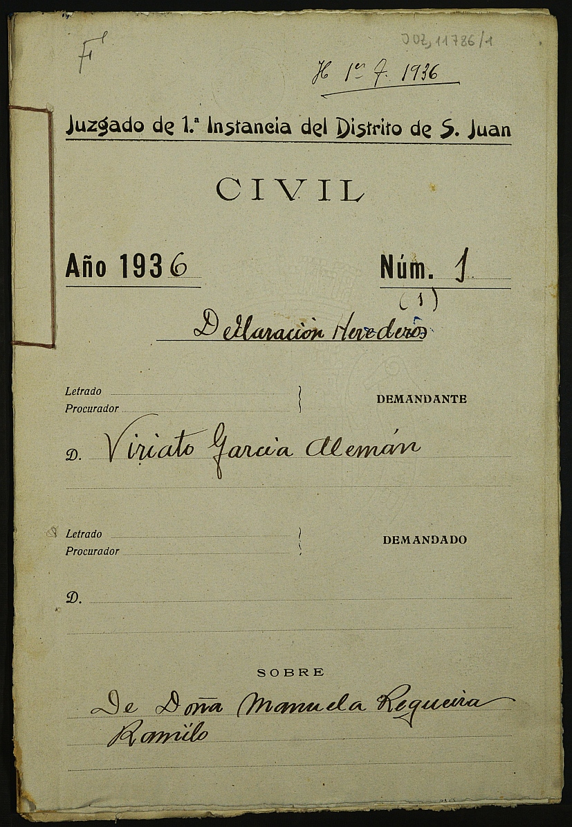 Declaración de herederos 1/1936 del Juzgado de Primera Instancia del Distrito de San Juan de Murcia, por fallecimiento de Manuel Regueira Ramilo.