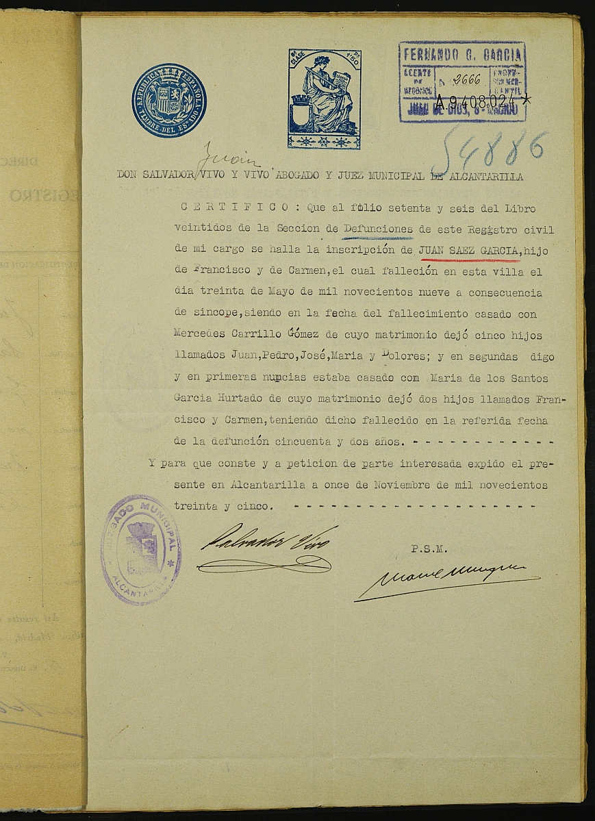 Declaración de herederos 23/1936 del Juzgado de Primera Instancia del Distrito de San Juan de Murcia, por fallecimiento de Juan Sáez García y Mercedes Carrillo Gómez.