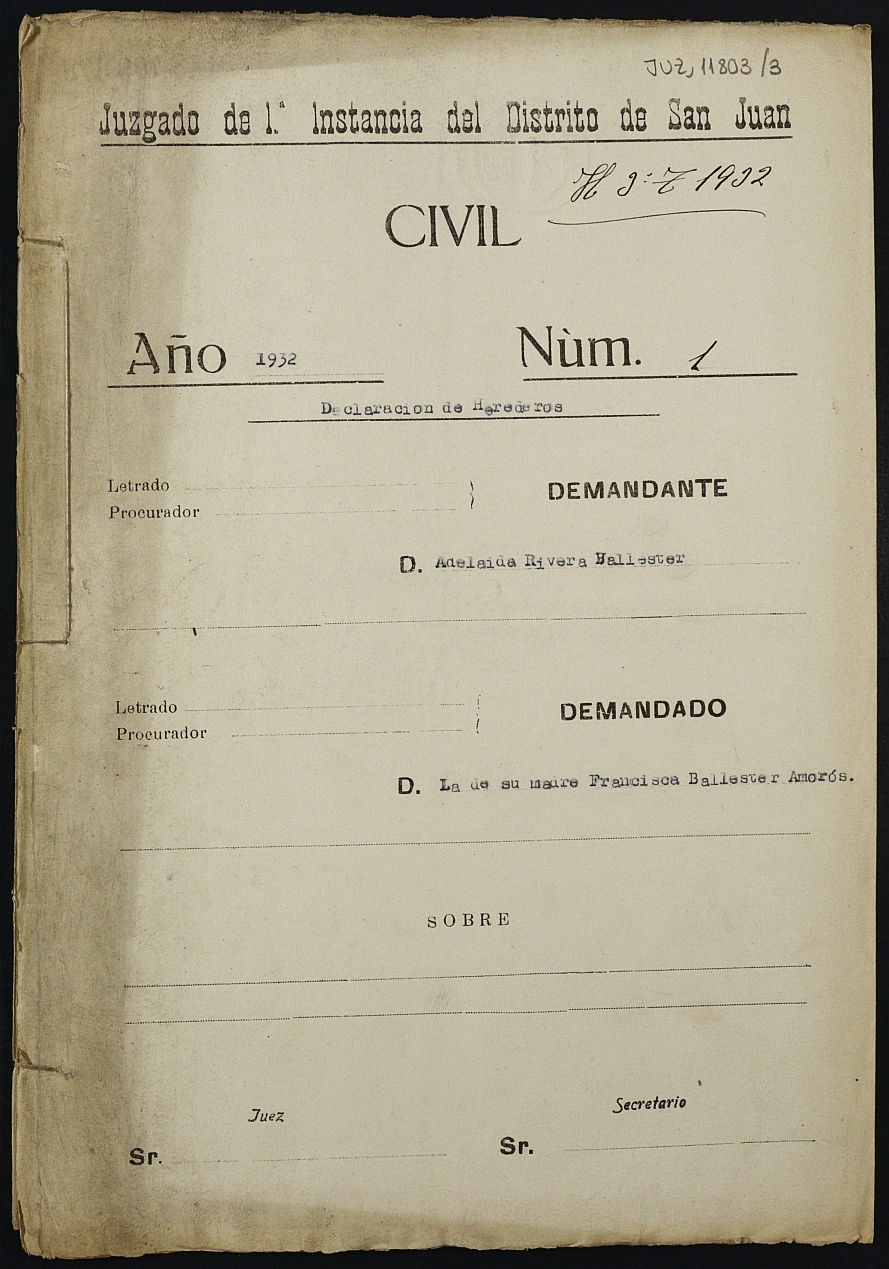 Declaración de herederos 1/1932 del Juzgado de Primera Instancia del Distrito de San Juan de Murcia, por fallecimiento de Francisca Ballester Amorós.