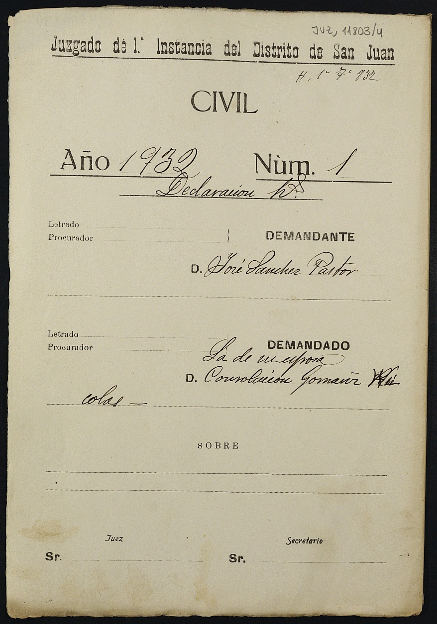 Declaración de herederos 1/1932 del Juzgado de Primera Instancia del Distrito de San Juan de Murcia, por fallecimiento de Consolación Gomáriz Nicolás.