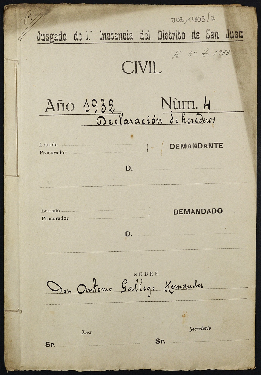 Declaración de herederos 4/1932 del Juzgado de Primera Instancia del Distrito de San Juan de Murcia, por fallecimiento de Antonio Gallego Hernández.
