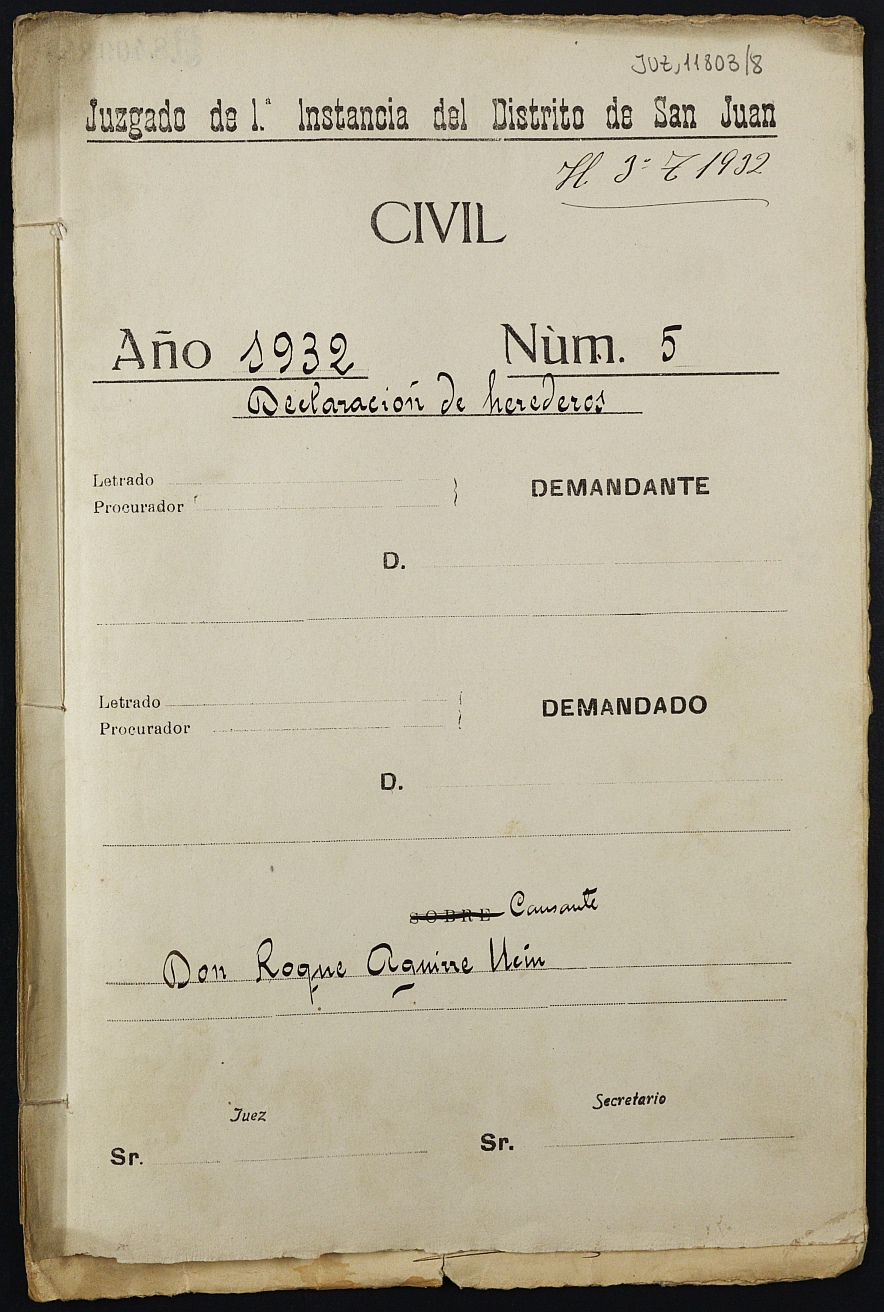 Declaración de herederos 5/1932 del Juzgado de Primera Instancia del Distrito de San Juan de Murcia, por fallecimiento de Roque Aguirre Usín.
