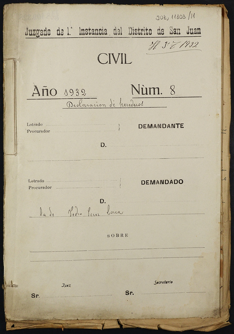 Declaración de herederos 8/1932 del Juzgado de Primera Instancia del Distrito de San Juan de Murcia, por fallecimiento de Pedro Pérez Lorca.