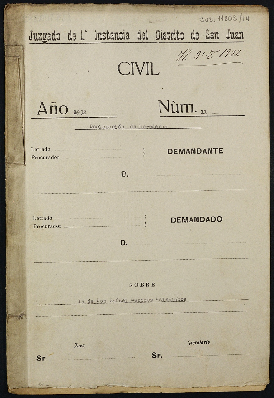 Declaración de herederos 11/1932 del Juzgado de Primera Instancia del Distrito de San Juan de Murcia, por fallecimiento de Rafael Sánchez Balsalobre.