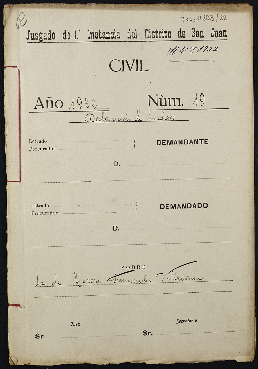 Declaración de herederos 19/1932 del Juzgado de Primera Instancia del Distrito de San Juan de Murcia, por fallecimiento de Teresa Fernández Villaescusa.