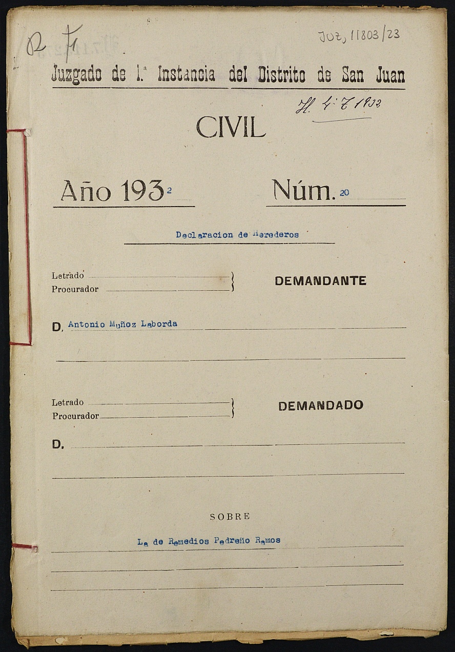 Declaración de herederos 20/1932 del Juzgado de Primera Instancia del Distrito de San Juan de Murcia, por fallecimiento de Remedios Pedreño Ramos.