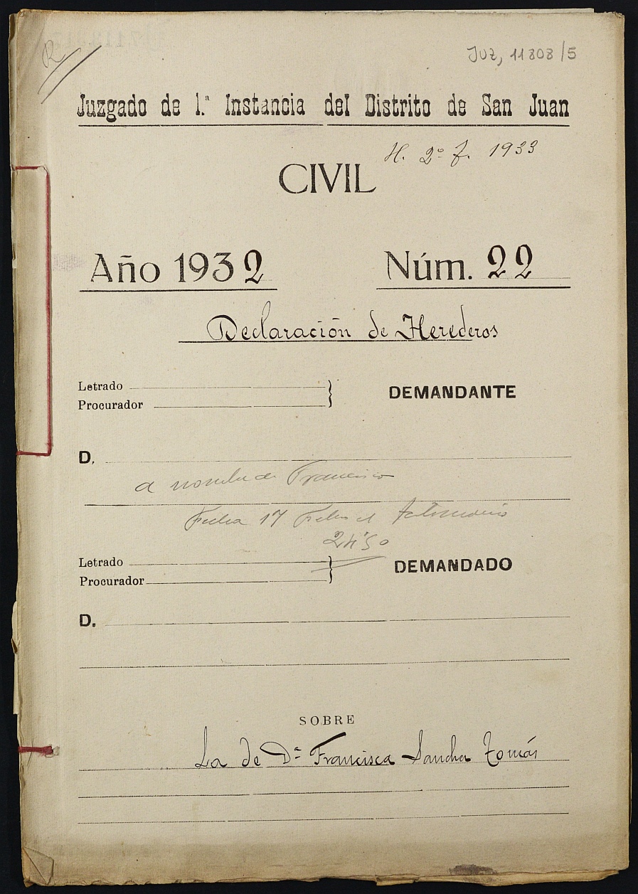 Declaración de herederos 22/1932 del Juzgado de Primera Instancia del Distrito de San Juan de Murcia, por fallecimiento de Francisca Sánchez Tomás.