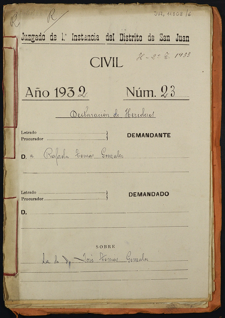 Declaración de herederos 23/1932 del Juzgado de Primera Instancia del Distrito de San Juan de Murcia, por fallecimiento de José Tomás González.