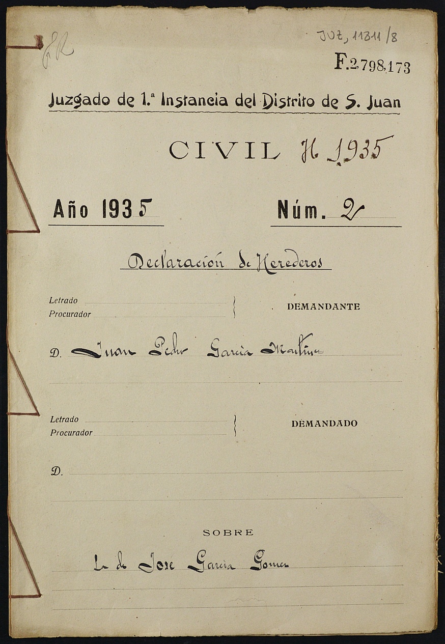Declaración de herederos 2/1935 del Juzgado de Primera Instancia del Distrito de San Juan de Murcia, por fallecimiento de José García Gómez.