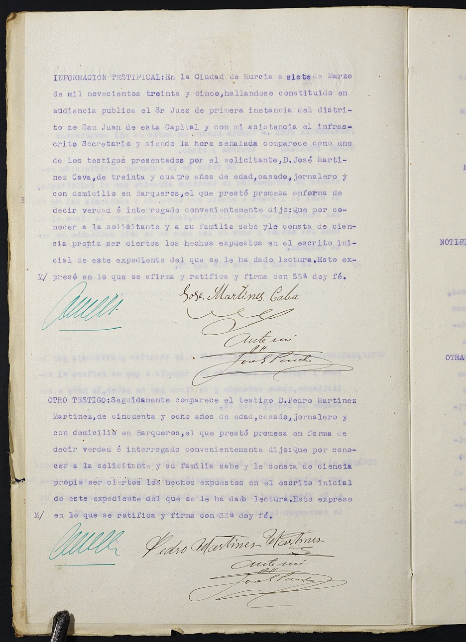 Declaración de herederos 4/1935 del Juzgado de Primera Instancia del Distrito de San Juan de Murcia, por fallecimiento de Antonio Belchí Sandoval.