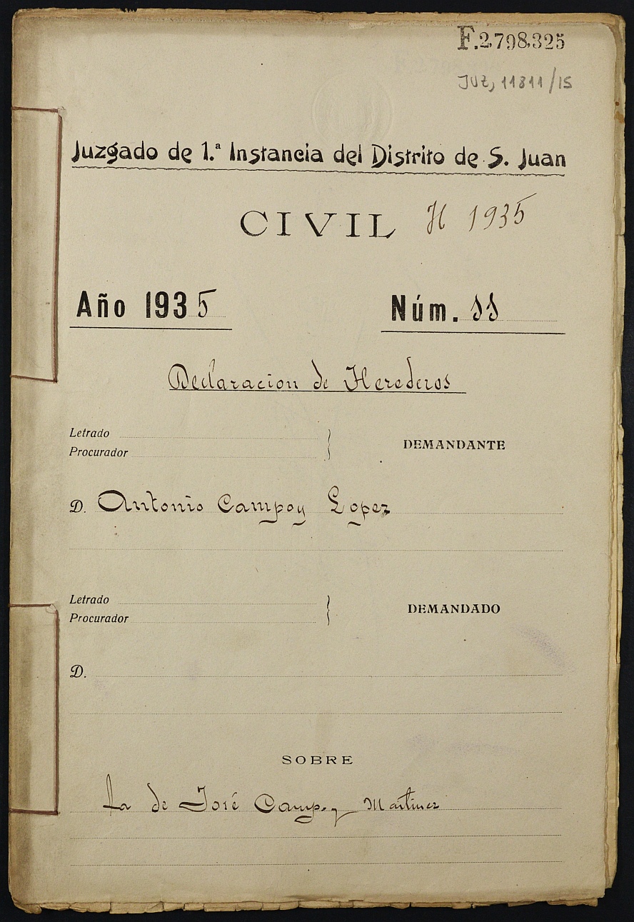 Declaración de herederos 11/1935 del Juzgado de Primera Instancia del Distrito de San Juan de Murcia, por fallecimiento de José Campoy Martínez.