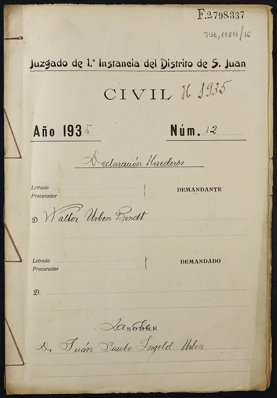 Declaración de herederos 12/1935 del Juzgado de Primera Instancia del Distrito de San Juan de Murcia, por fallecimiento de Juan Jacobo Ingold Urben.