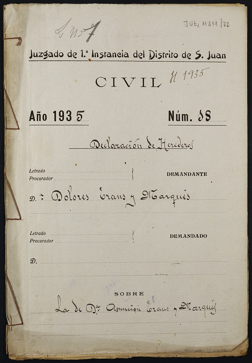 Declaración de herederos 18/1935 del Juzgado de Primera Instancia del Distrito de San Juan de Murcia, por fallecimiento de Asunción Erans y Marqués.