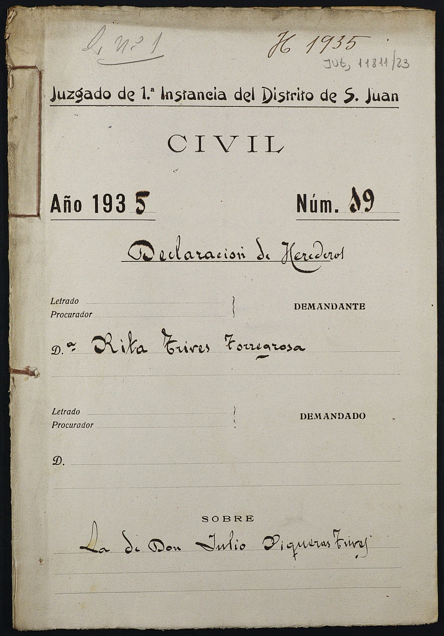 Declaración de herederos 19/1935 del Juzgado de Primera Instancia del Distrito de San Juan de Murcia, por fallecimiento de Julio Piqueras Trives.