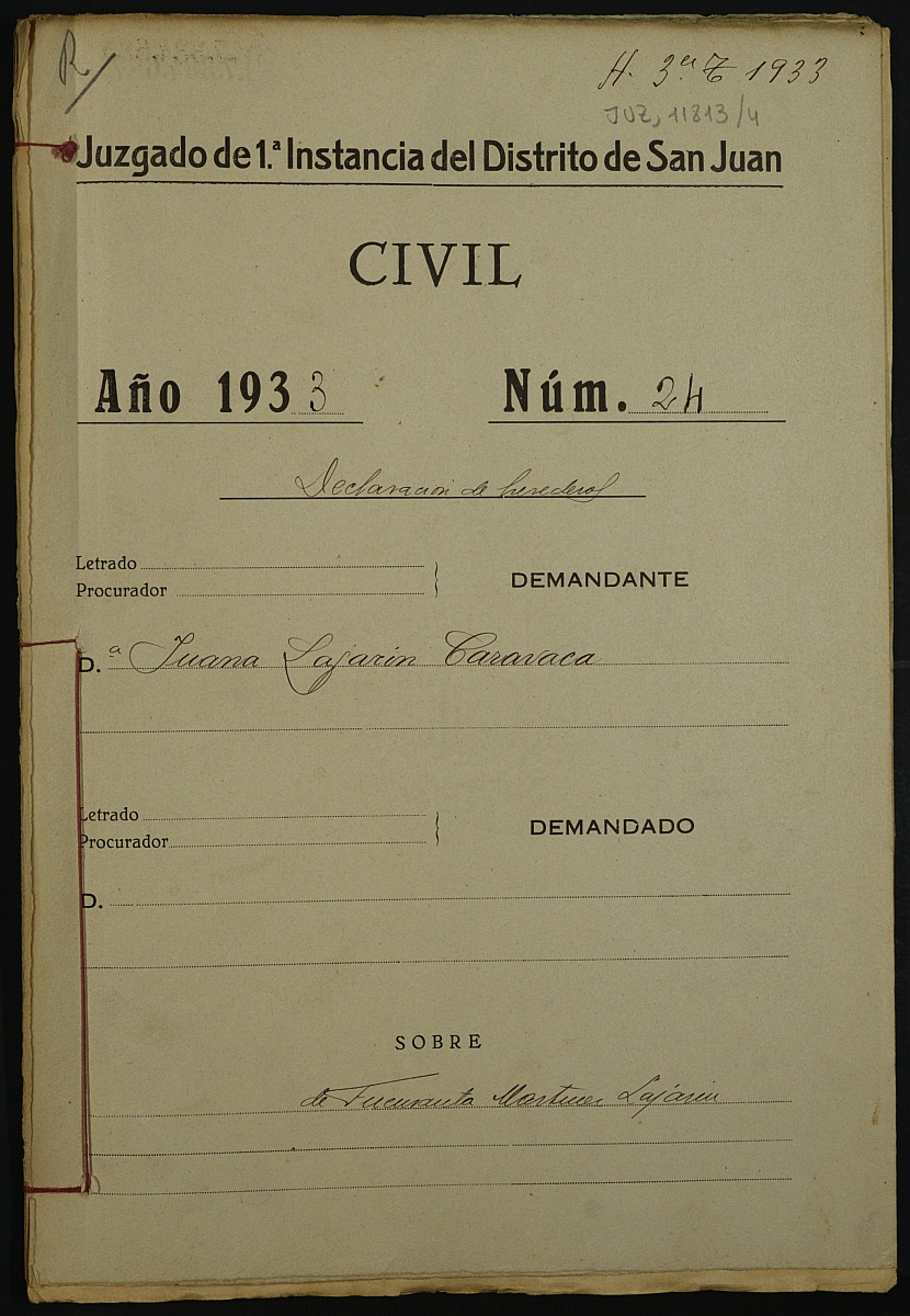 Declaración de herederos 24/1933 del Juzgado de Primera Instancia del Distrito de San Juan de Murcia, por fallecimiento de Fuensanta Martínez Lajarín.