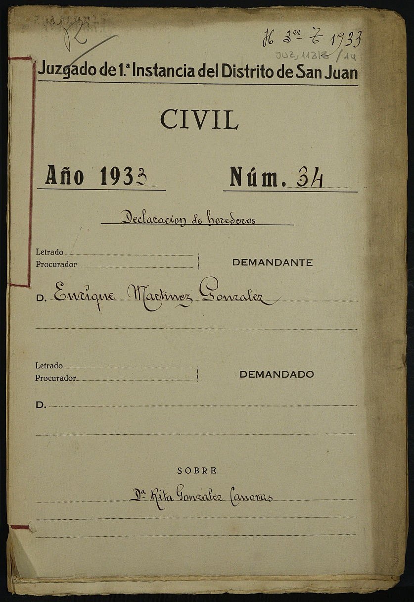Declaración de herederos 34/1933 del Juzgado de Primera Instancia del Distrito de San Juan de Murcia, por fallecimiento de Rita González Cánovas.
