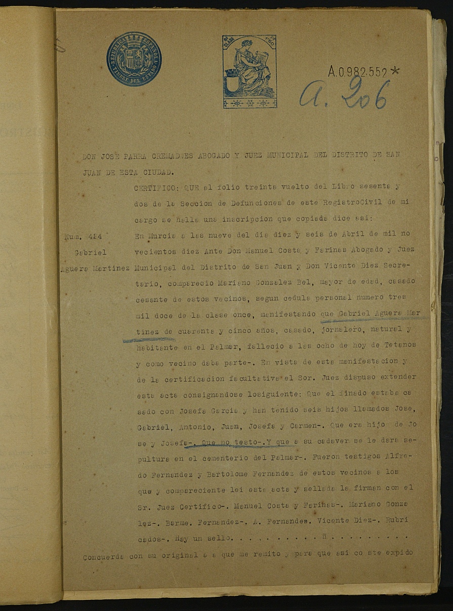Declaración de herederos 8/1933 del Juzgado de Primera Instancia del Distrito de San Juan de Murcia, por fallecimiento de Gabriel Agüera Martínez y Josefa Fernández Marcos.