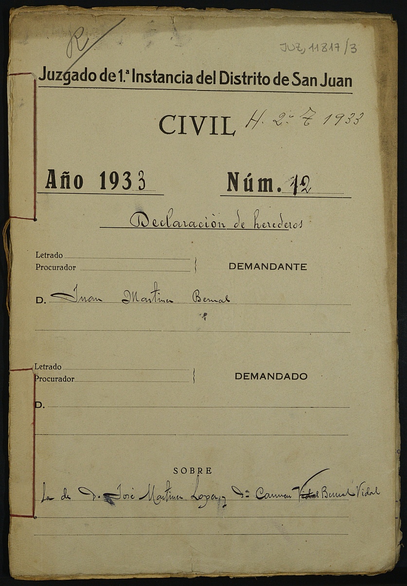 Declaración de herederos 12/1933 del Juzgado de Primera Instancia del Distrito de San Juan de Murcia, por fallecimiento de José Martínez López y Carmen Bernal Vidal.