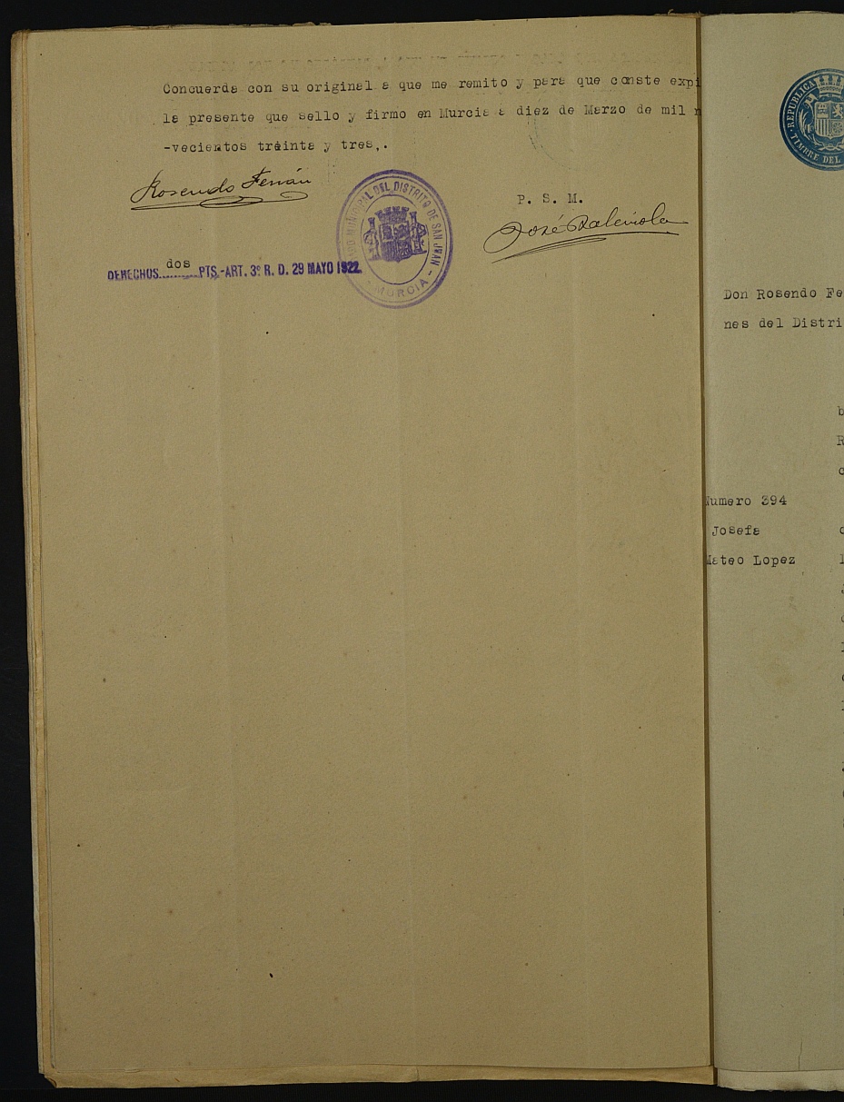 Declaración de herederos 14/1933 del Juzgado de Primera Instancia del Distrito de San Juan de Murcia, por fallecimiento de Ramón Mateo Bucardo.