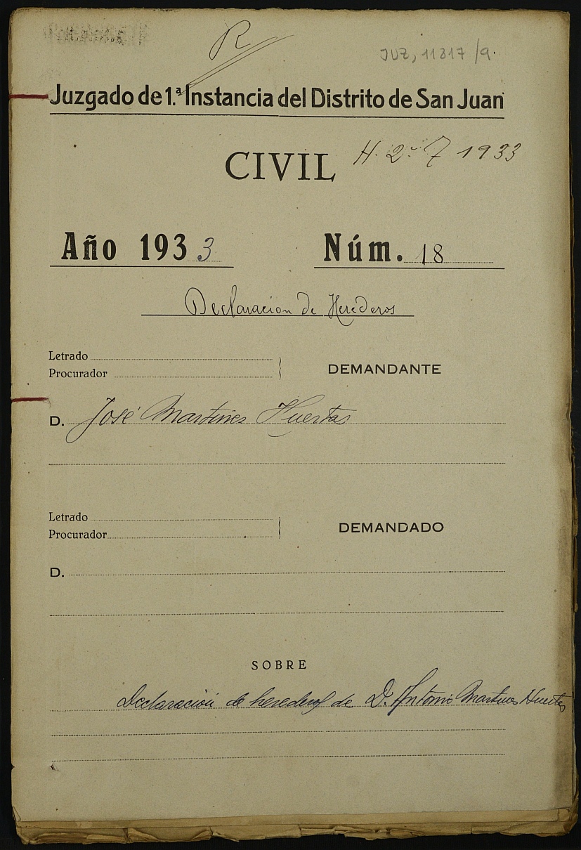 Declaración de herederos 18/1933 del Juzgado de Primera Instancia del Distrito de San Juan de Murcia, por fallecimiento de Antonio Martínez Huertas.