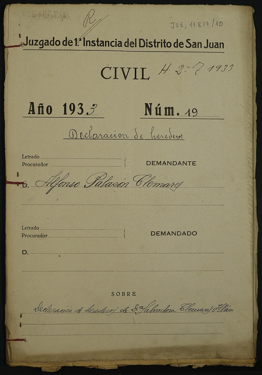 Declaración de herederos 19/1933 del Juzgado de Primera Instancia del Distrito de San Juan de Murcia, por fallecimiento de Salvadora Clemares Illán.