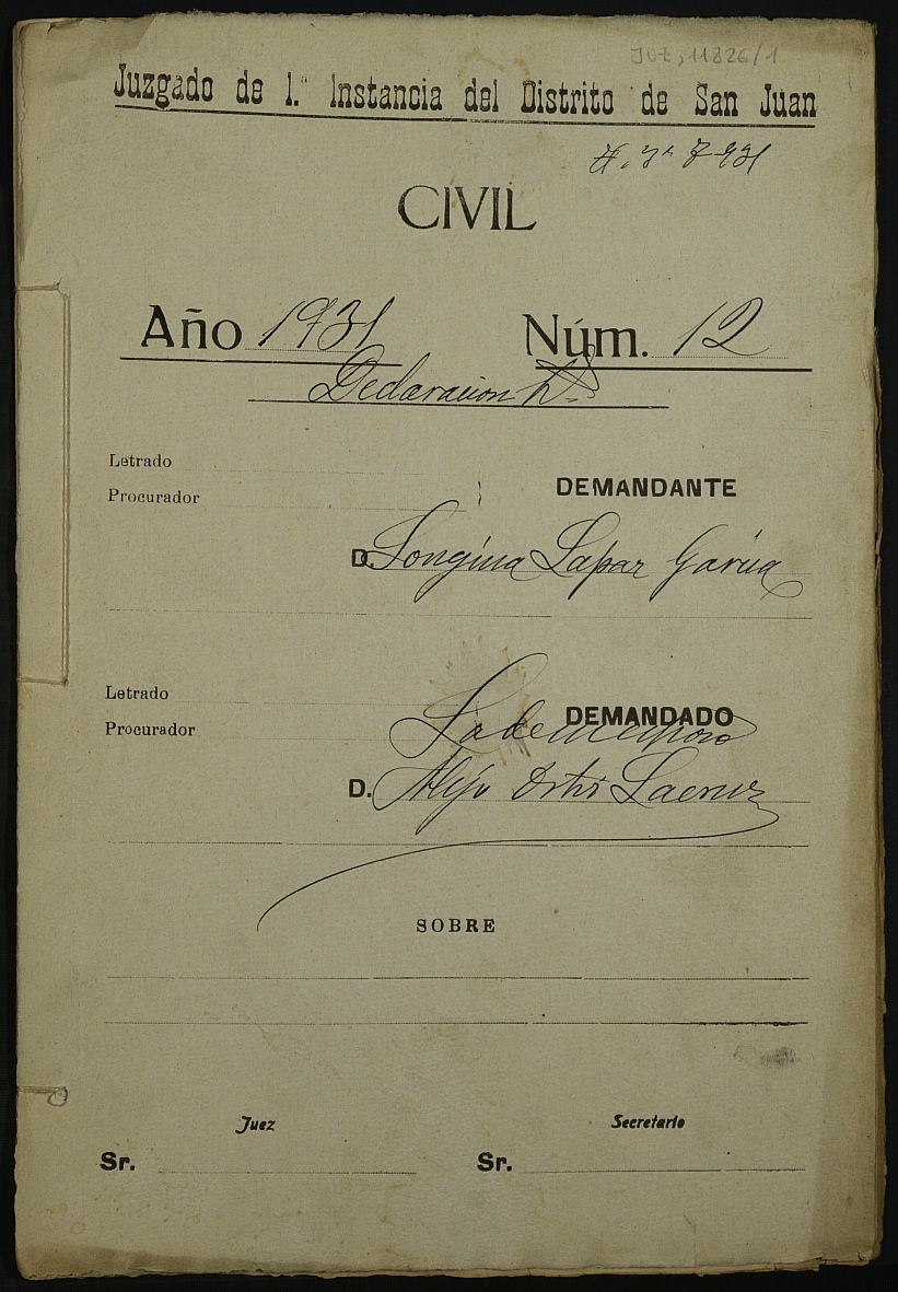 Declaración de herederos 12/1931 del Juzgado de Primera Instancia del Distrito de San Juan de Murcia, por fallecimiento de Alejo Ortiz Lacruz.