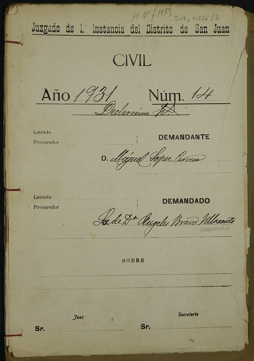 Declaración de herederos 14/1931 del Juzgado de Primera Instancia del Distrito de San Juan de Murcia, por fallecimiento de Ángeles Bravo-Villasante Izquierdo.