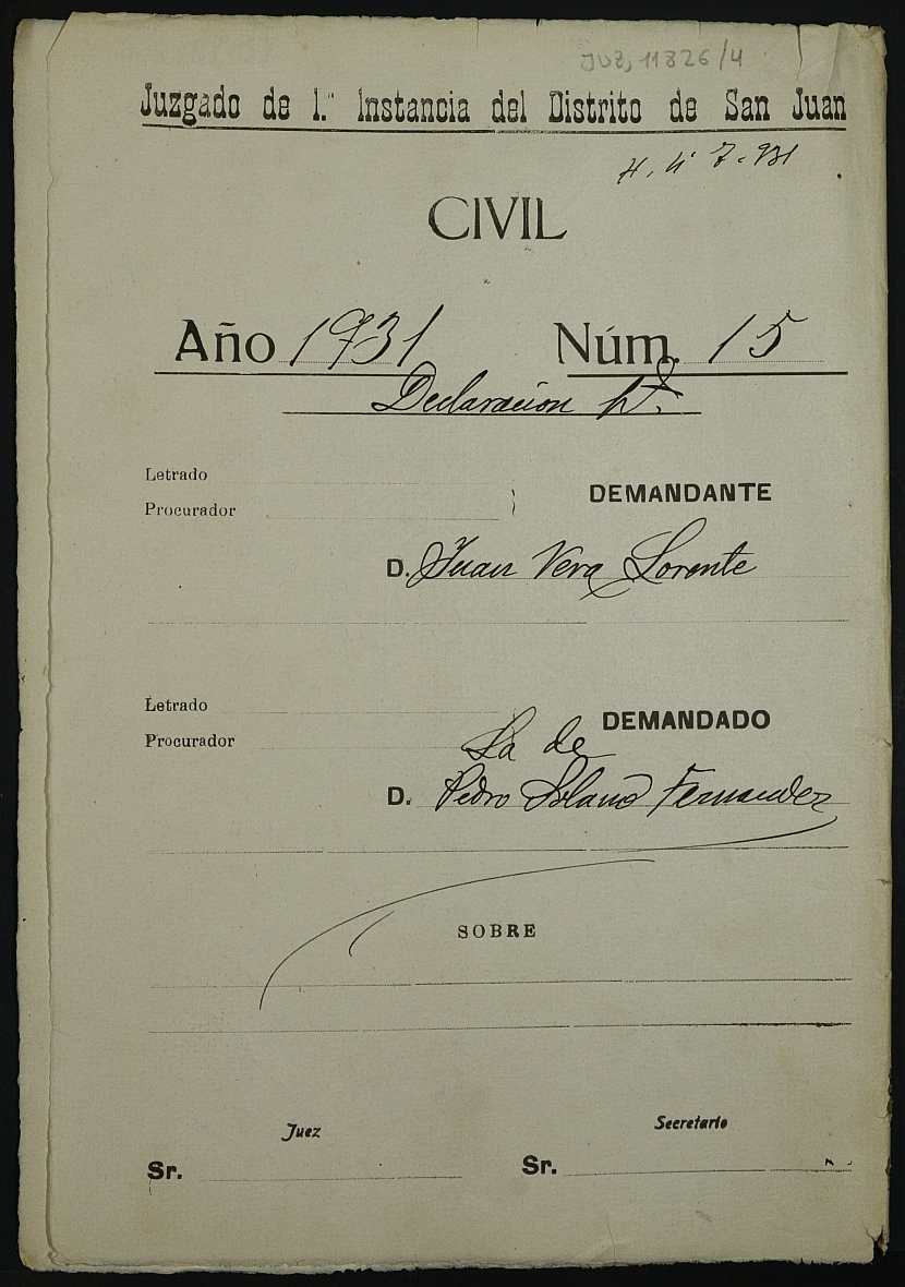 Declaración de herederos 15/1931 del Juzgado de Primera Instancia del Distrito de San Juan de Murcia, por fallecimiento de Pedro Solano Fernández.