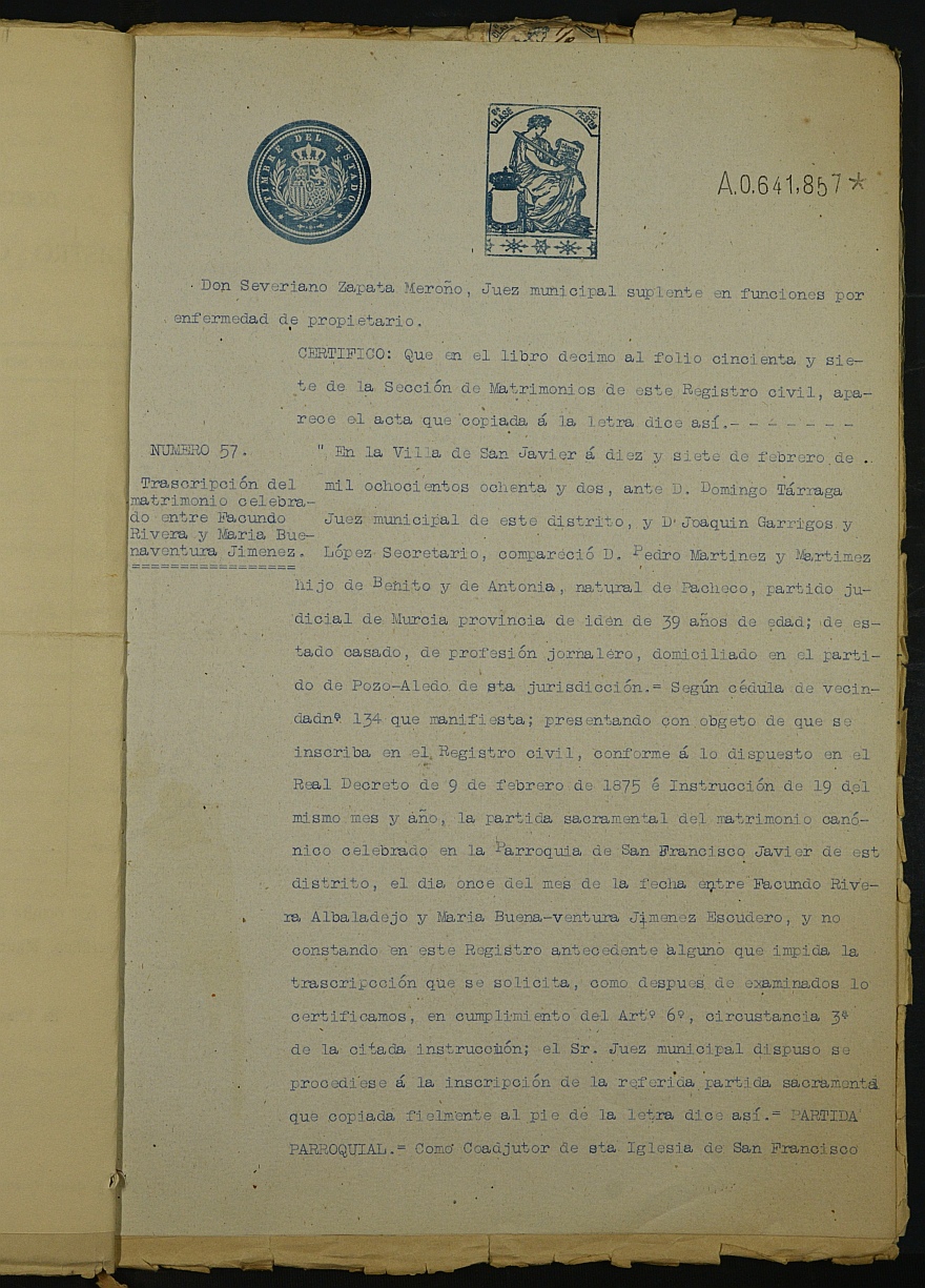 Declaración de herederos 17/1931 del Juzgado de Primera Instancia del Distrito de San Juan de Murcia, por fallecimiento de Facundo Rivera Albaldejo.