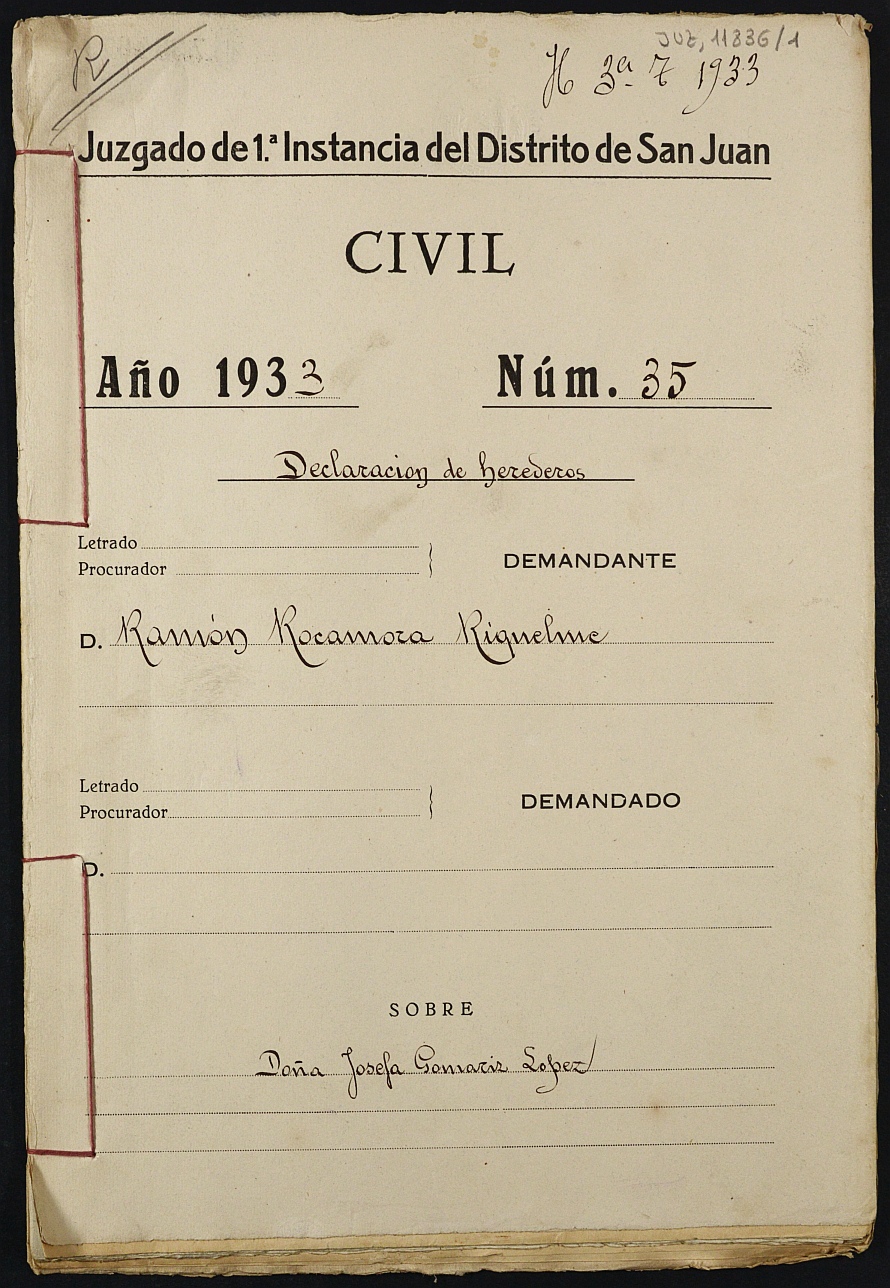 Declaración de herederos 35/1933 del Juzgado de Primera Instancia del Distrito de San Juan de Murcia, por fallecimiento de Josefa Gomariz López.