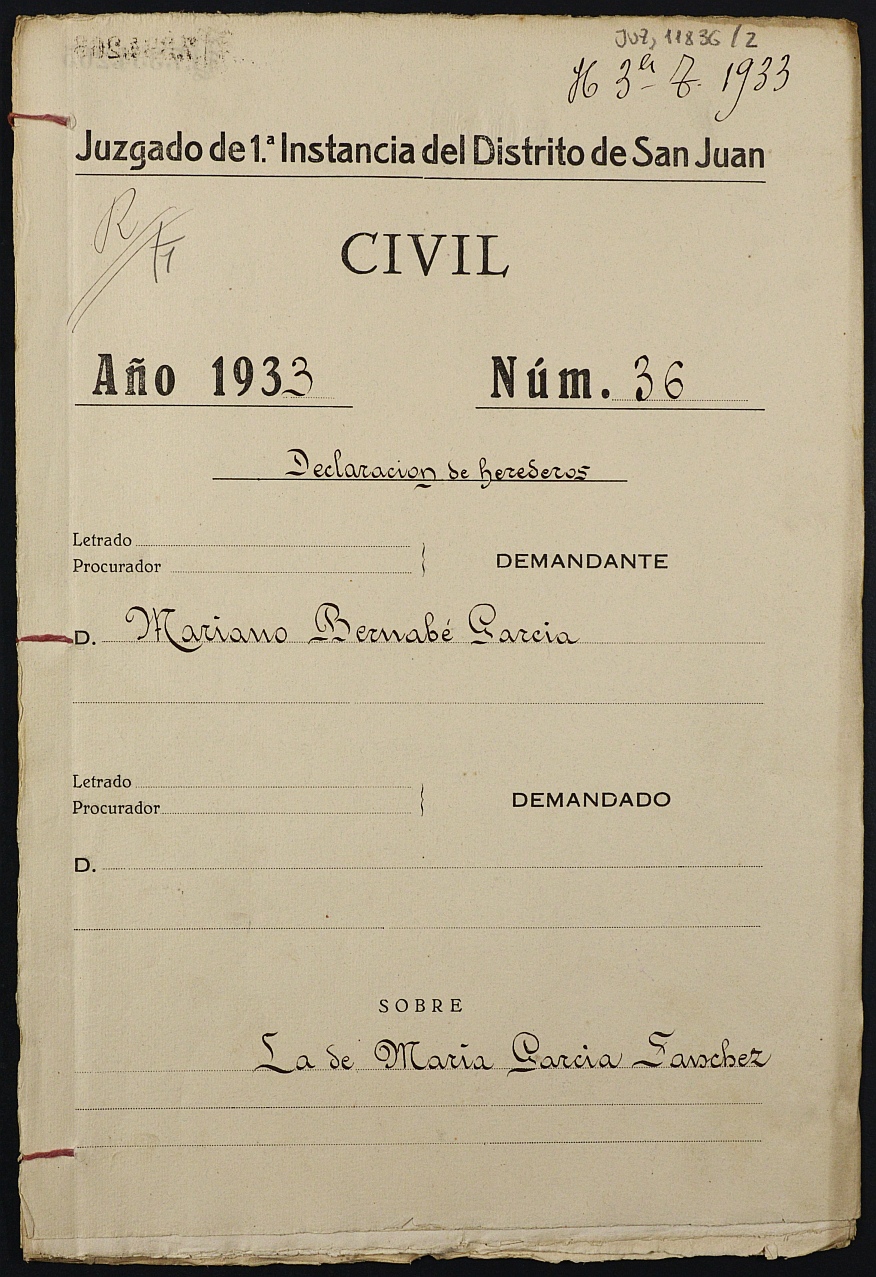 Declaración de herederos 36/1933 del Juzgado de Primera Instancia del Distrito de San Juan de Murcia, por fallecimiento de María García Sánchez.
