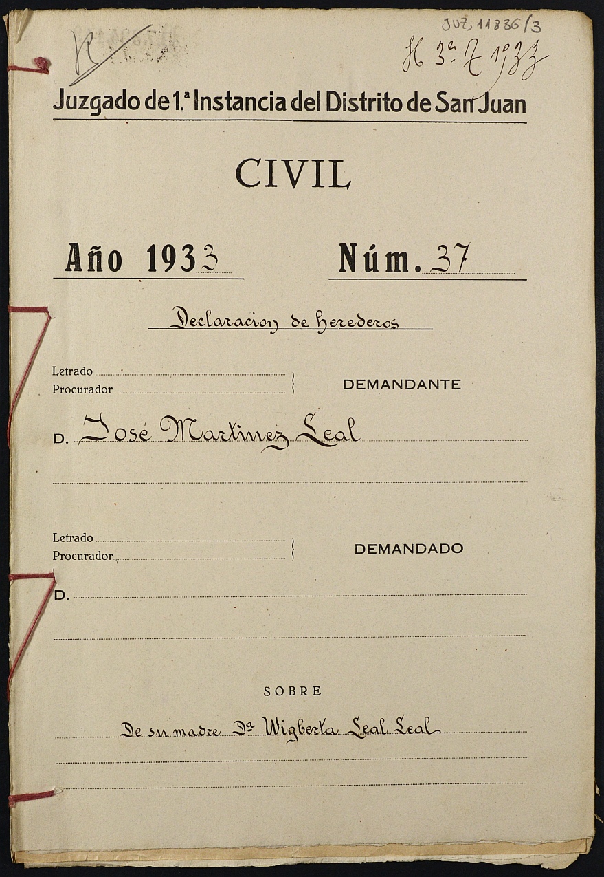Declaración de herederos 37/1933 del Juzgado de Primera Instancia del Distrito de San Juan de Murcia, por fallecimiento de Wigberta leal Leal.